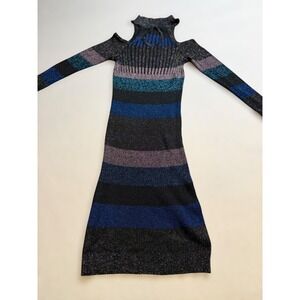Metallic Y2K Striped Cold Shoulder Keyhole Mock Neck Ribbed Knit Maxi Dress
